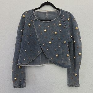 Cropped Blue Denim Jacket with Gold Stud Embellishments - Women's Jean Jacket